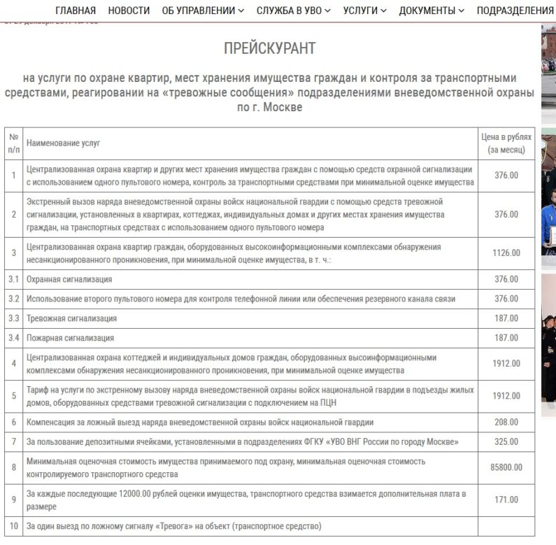 Прайс УВО г. Москвы Росгвардии по предоставлению охранных услуг, в том числе и услуги пультовой охраны.